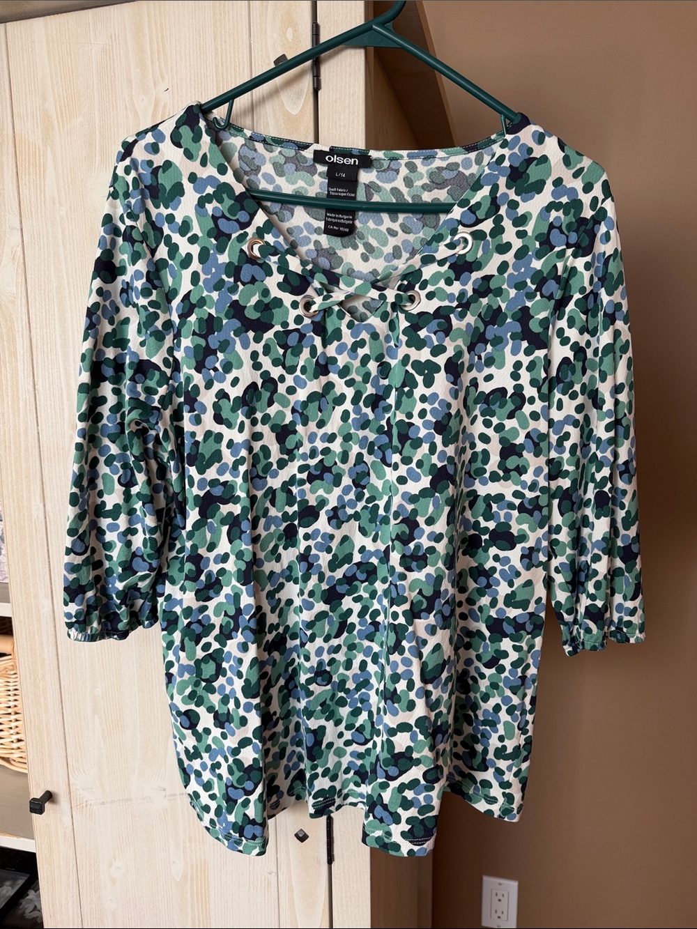 Olsen Green Multi-Dot Lace-Up Long Sleeve Tee